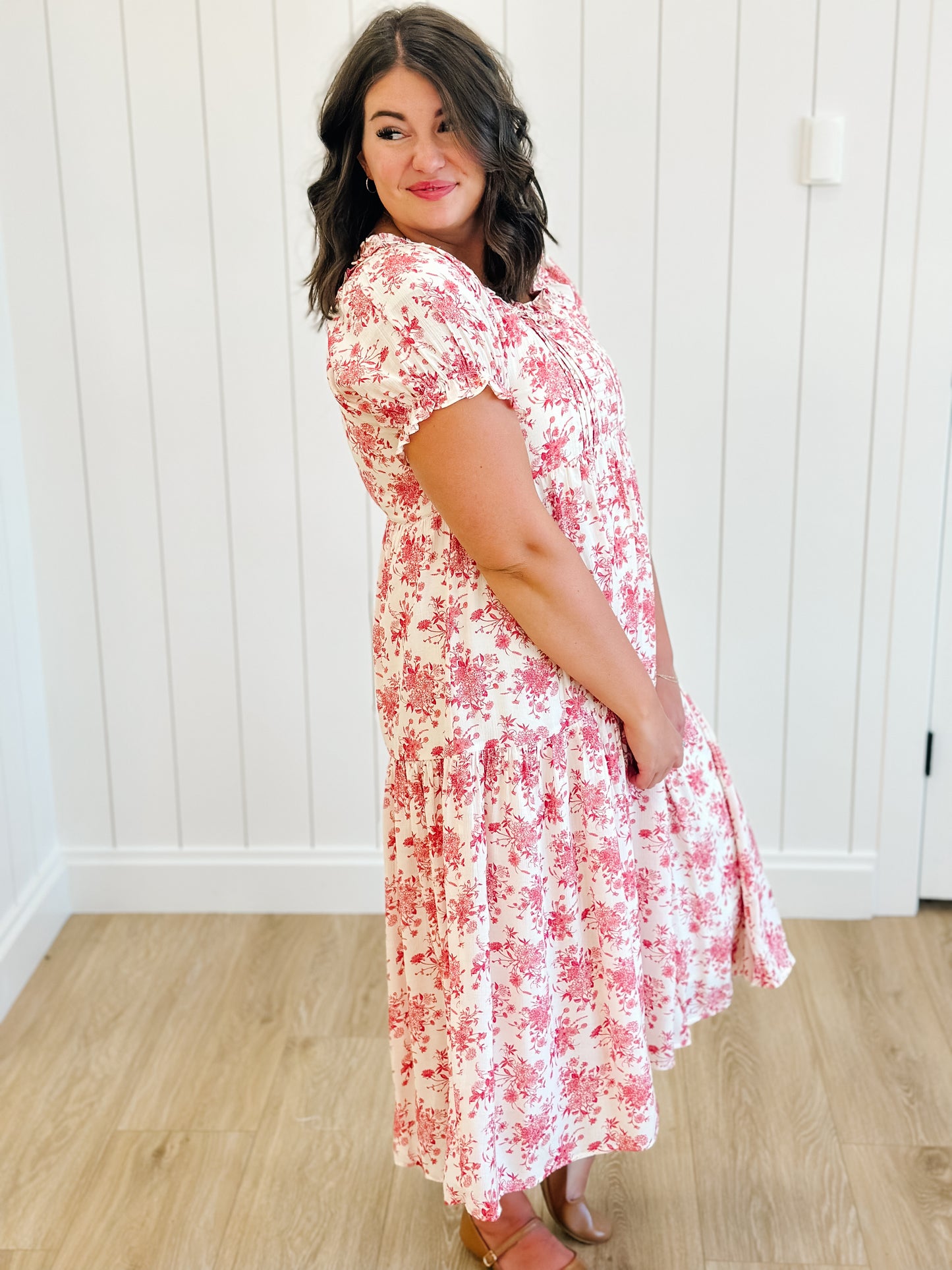 Raina Floral Midi Dress in Red