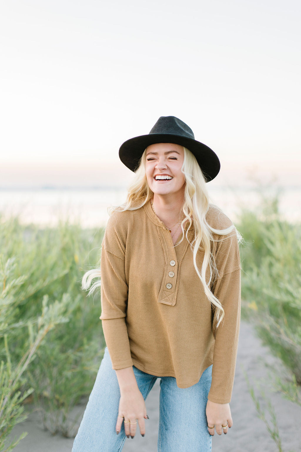 DOORBUSTER: Nova Buttoned V Neck in Almond