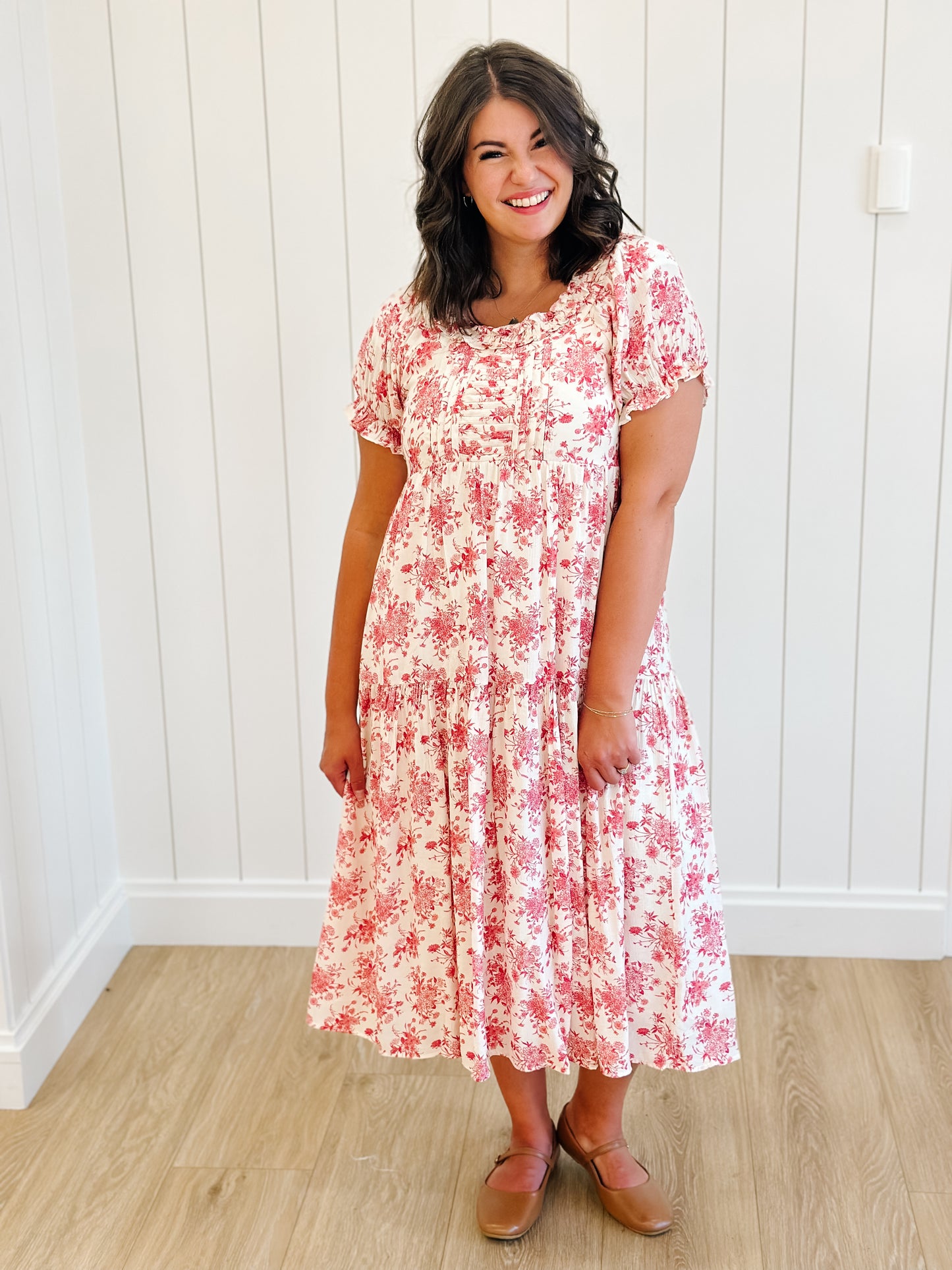 Raina Floral Midi Dress in Red