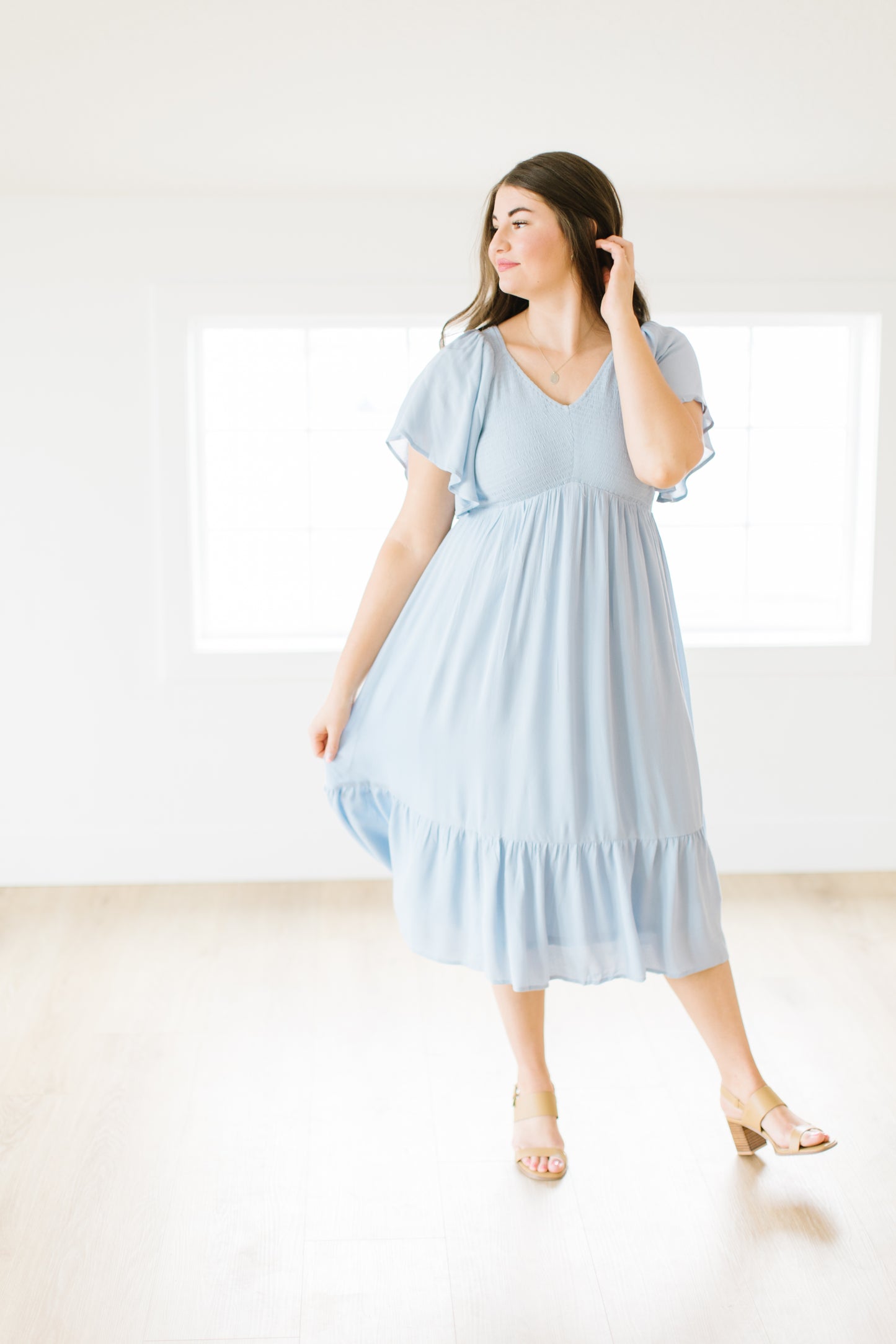 Roanoke Smocked Midi Dress in Light Blue