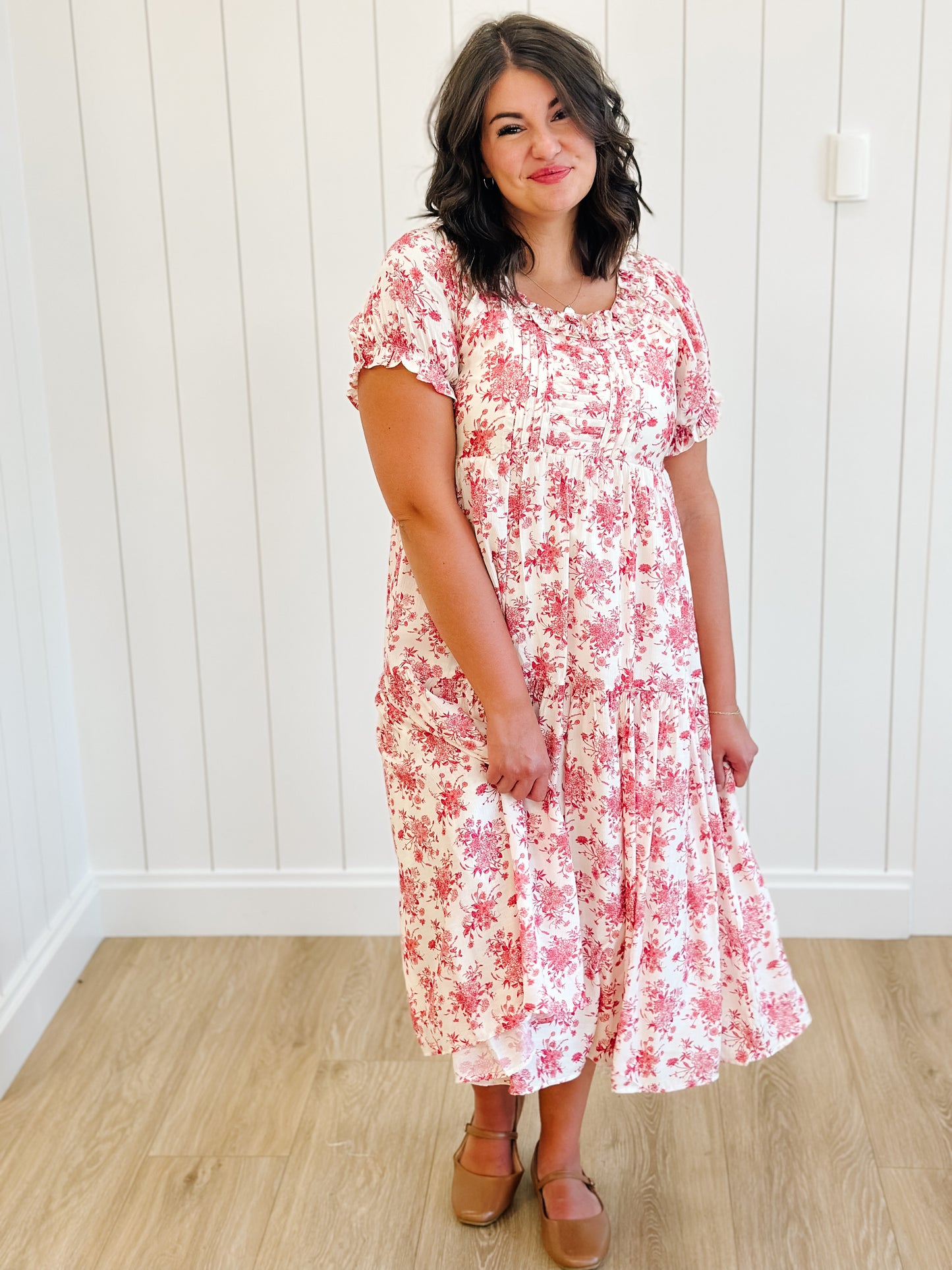 Raina Floral Midi Dress in Red