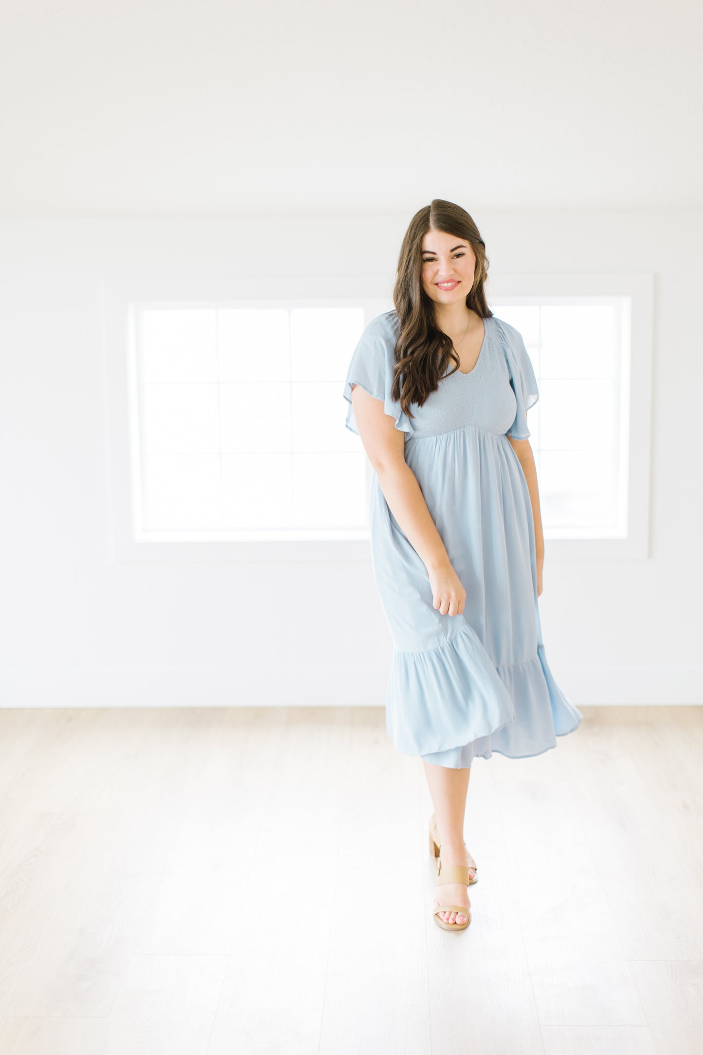 Roanoke Smocked Midi Dress in Light Blue