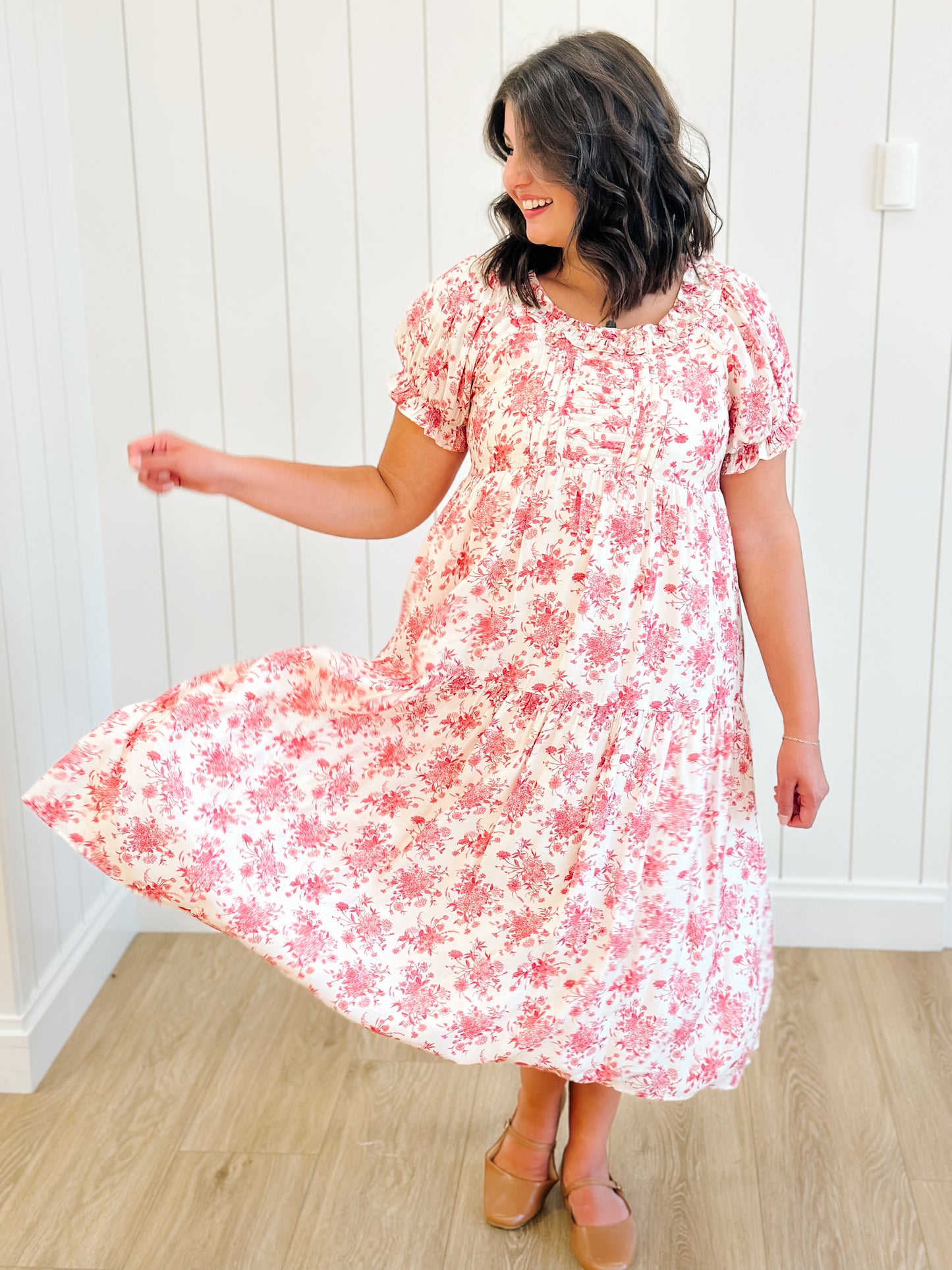 Raina Floral Midi Dress in Red