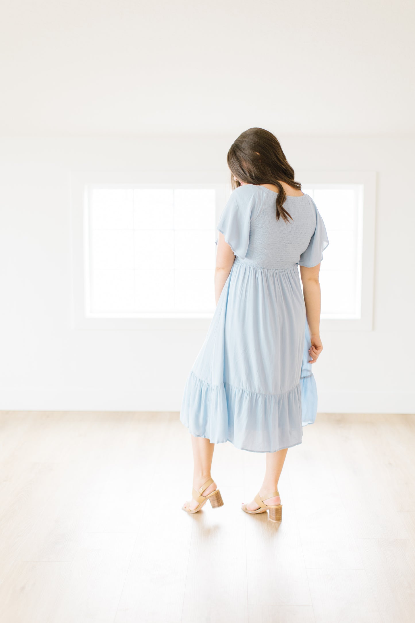 Roanoke Smocked Midi Dress in Light Blue