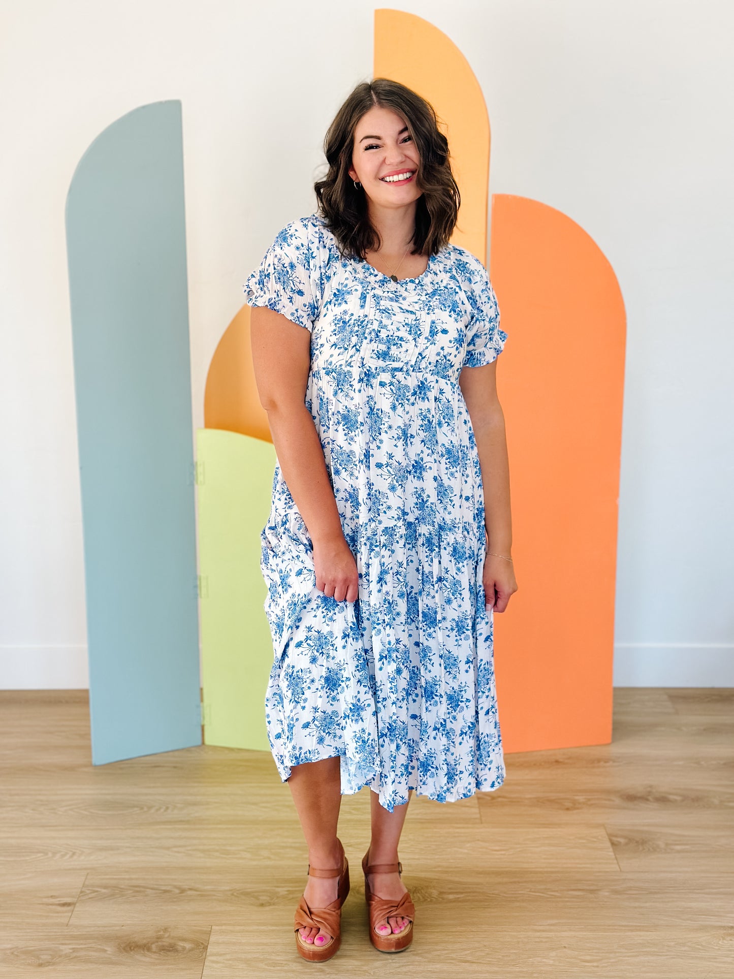 Raina Floral Midi Dress in Blue