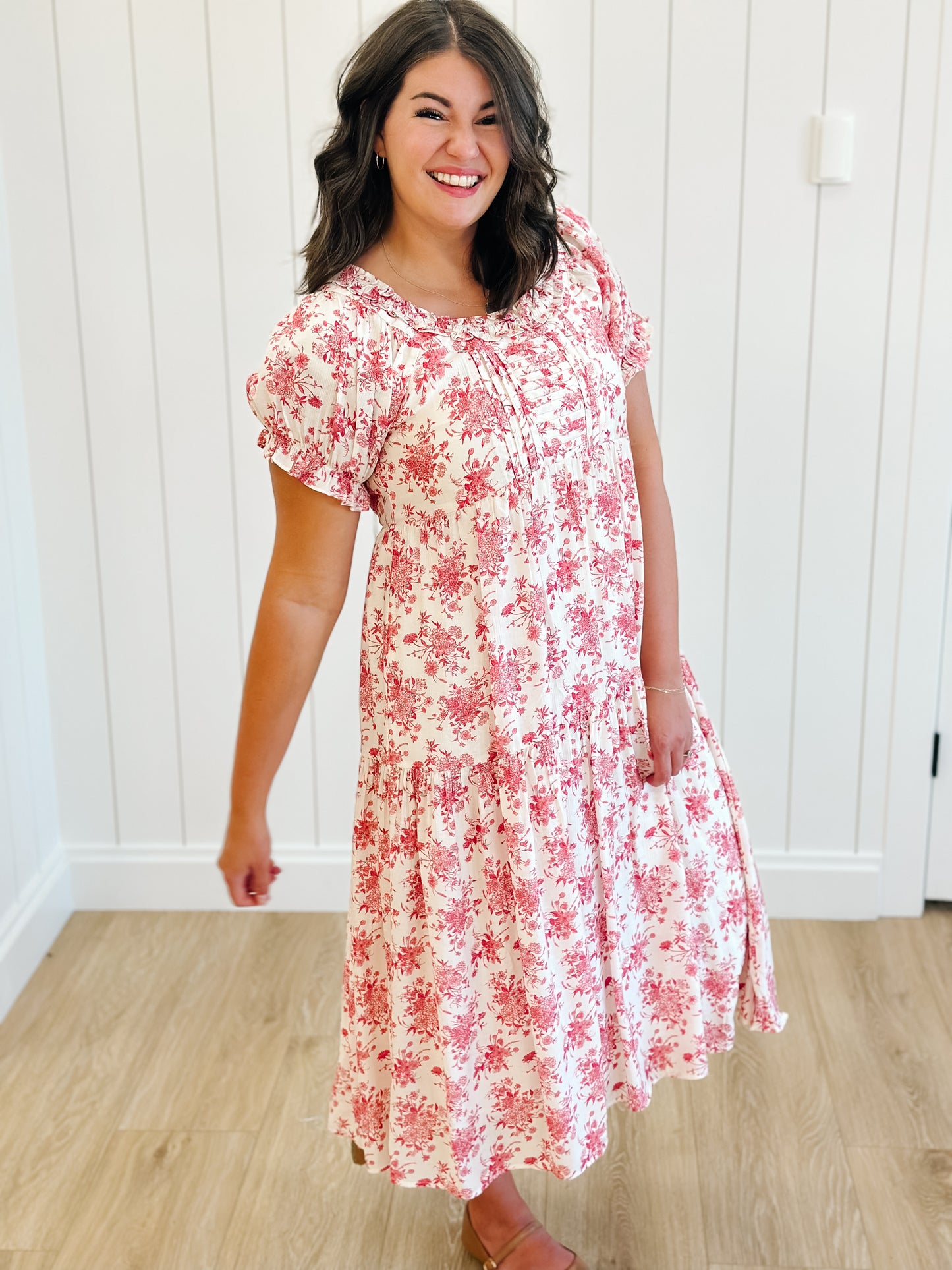 Raina Floral Midi Dress in Red