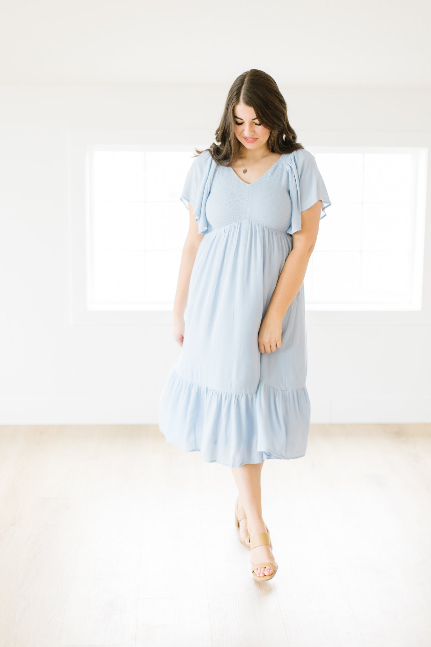 Roanoke Smocked Midi Dress in Light Blue