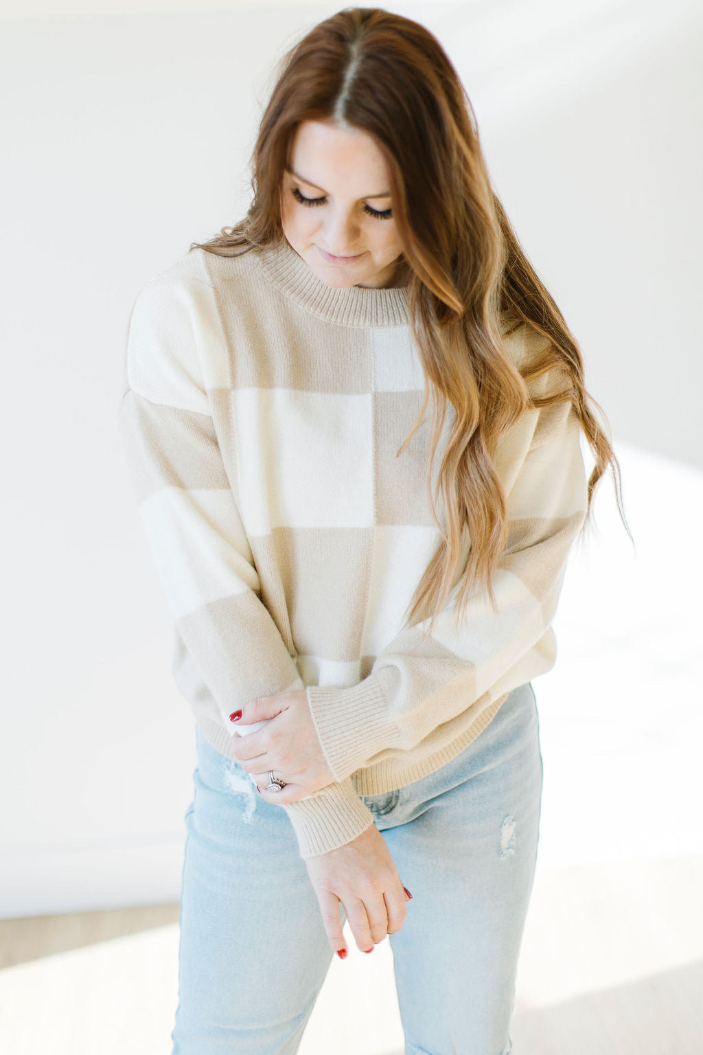 August Checkerboard Sweater in Latte