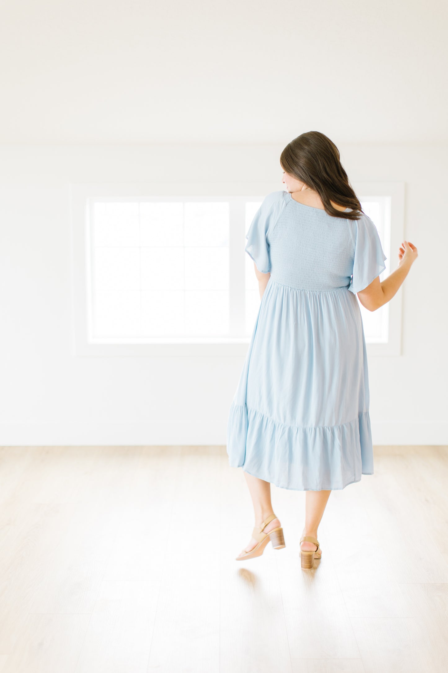 Roanoke Smocked Midi Dress in Light Blue