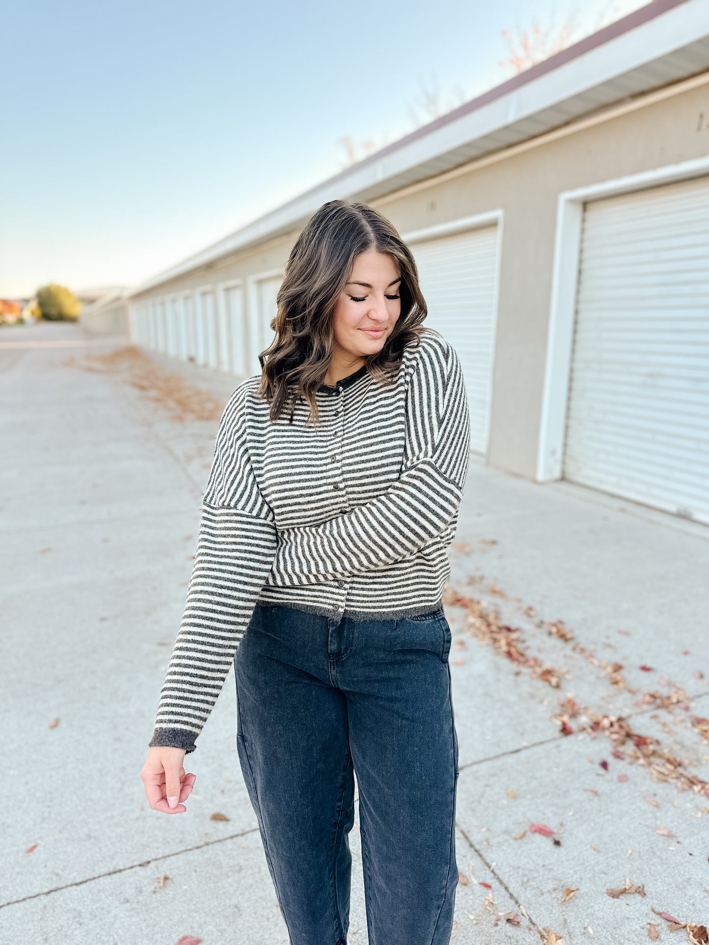 Melina Striped Cardigan in Charcoal Brown