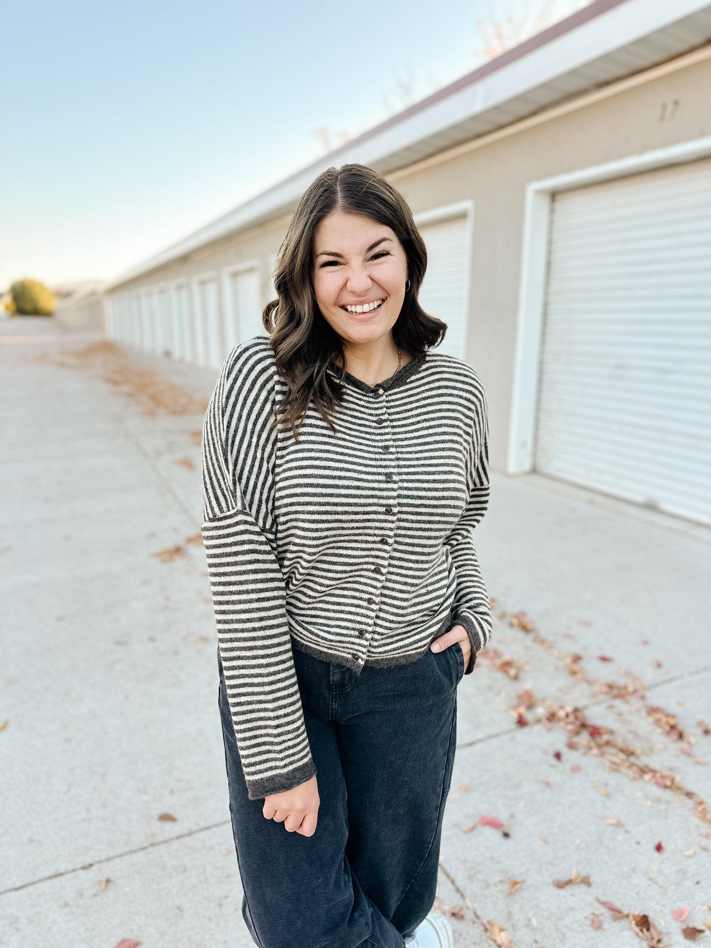 Melina Striped Cardigan in Charcoal Brown