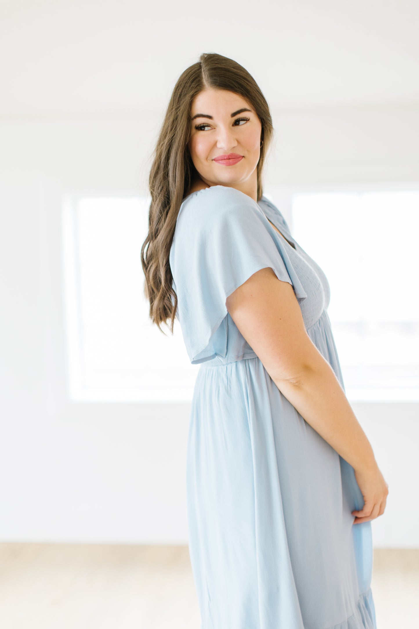 Roanoke Smocked Midi Dress in Light Blue