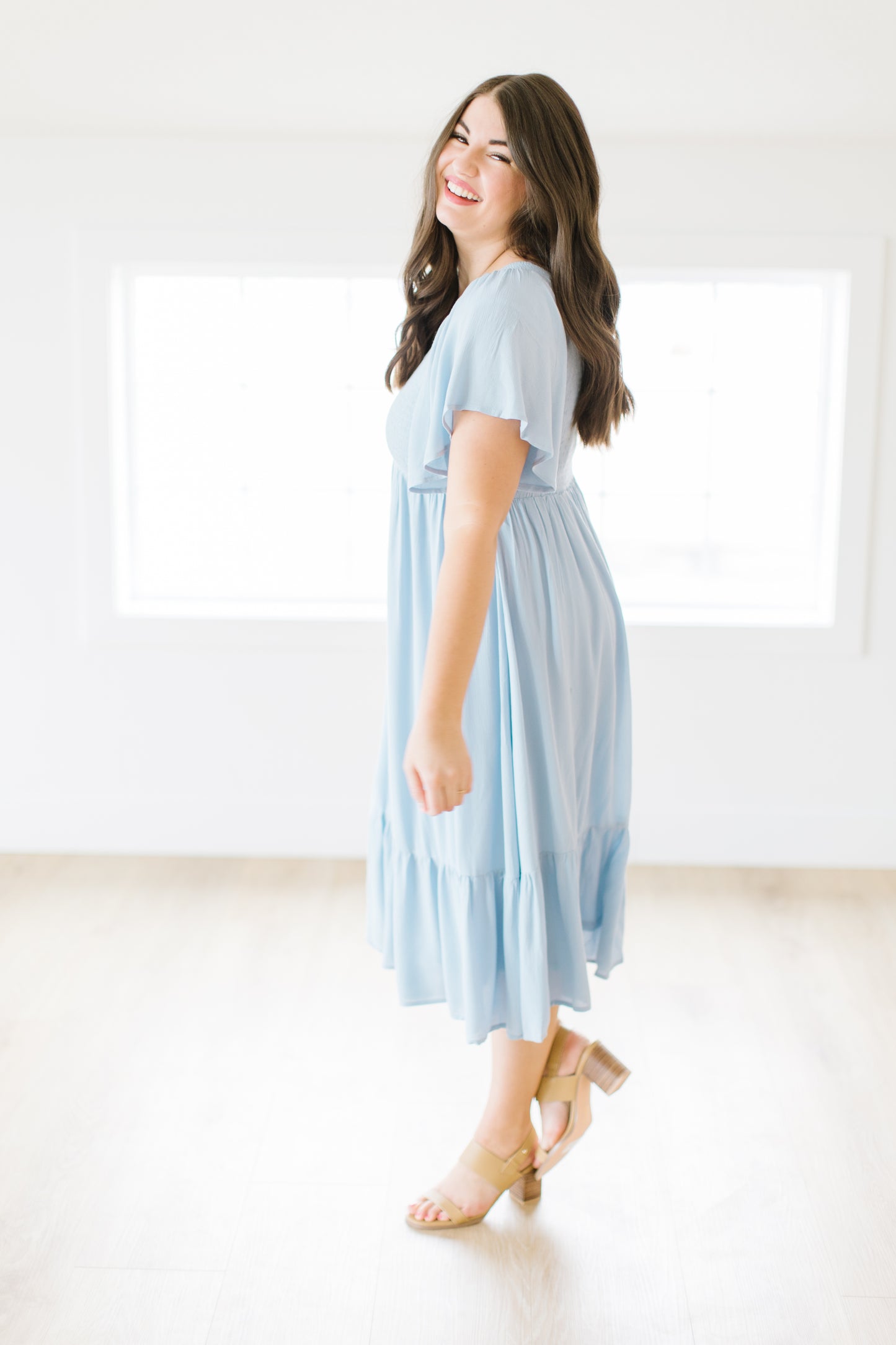 Roanoke Smocked Midi Dress in Light Blue
