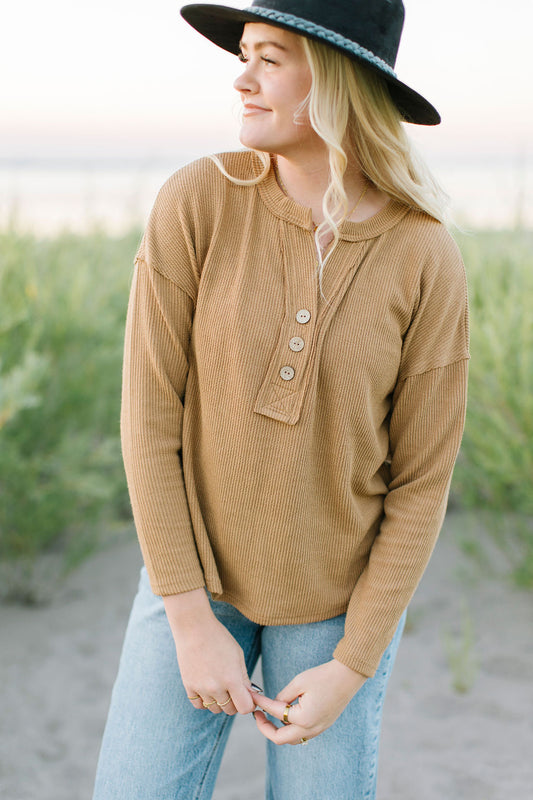 DOORBUSTER: Nova Buttoned V Neck in Almond