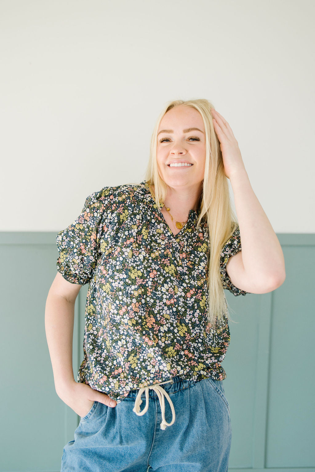 Eleanor Ruffle Neck Floral Top in Navy