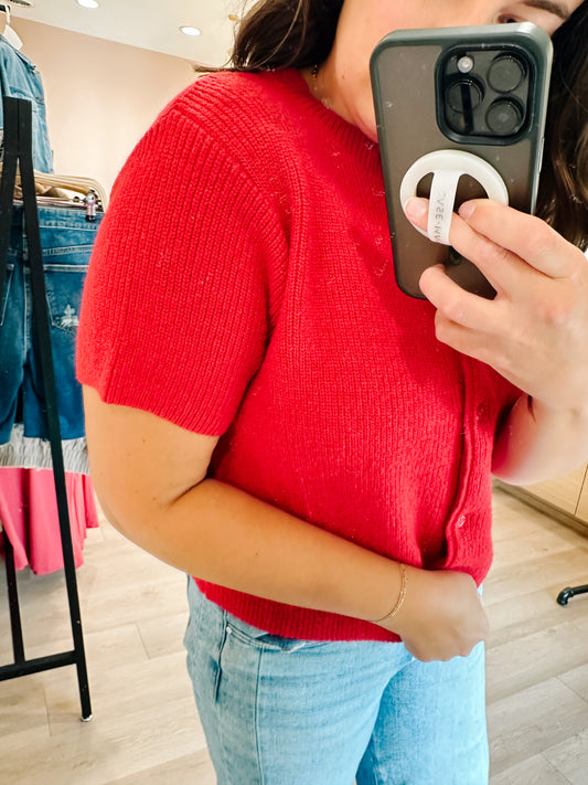 Alina Short Sleeve Cardigan In Red