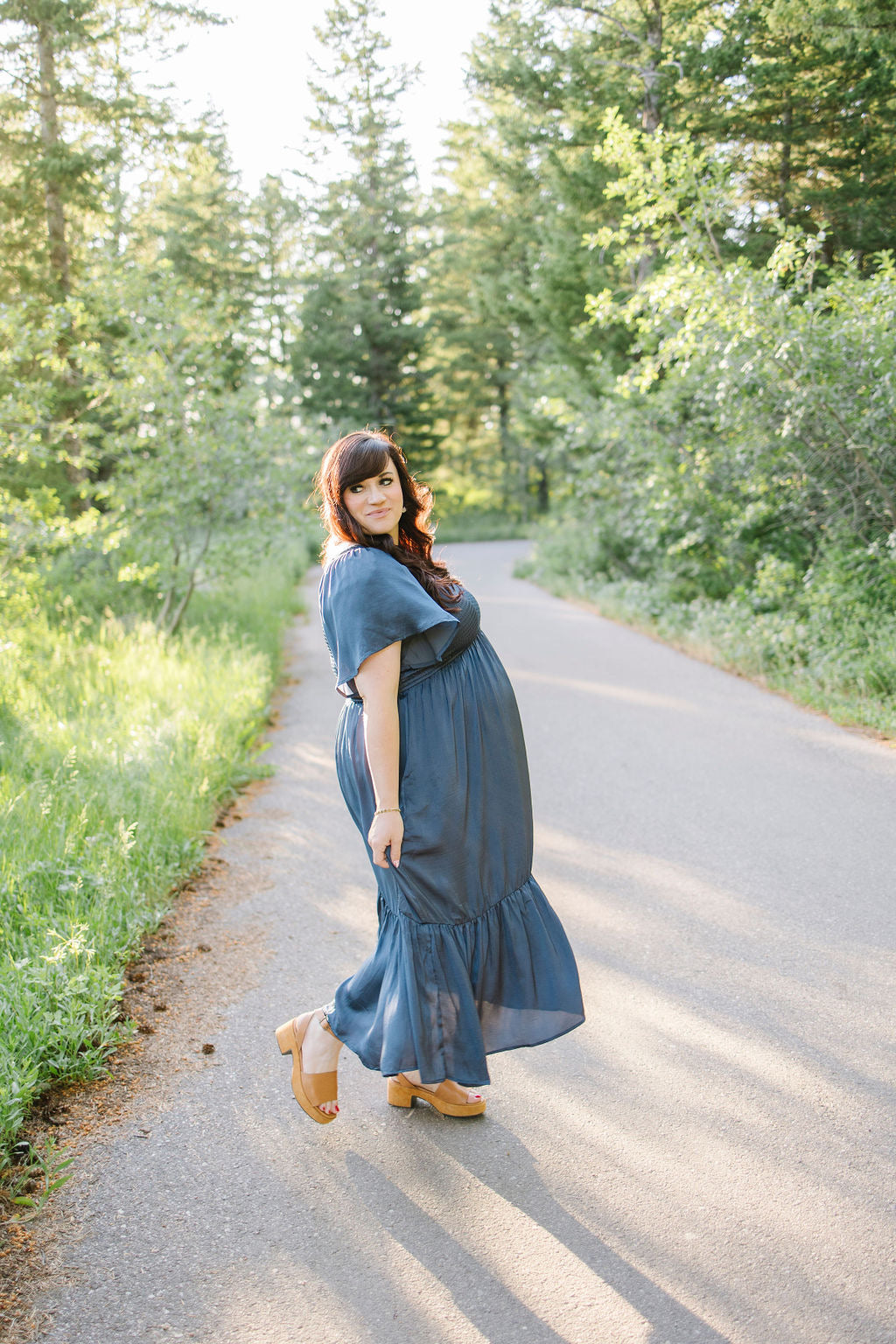 Roanoke Satin Smocked Midi Dress in Blue