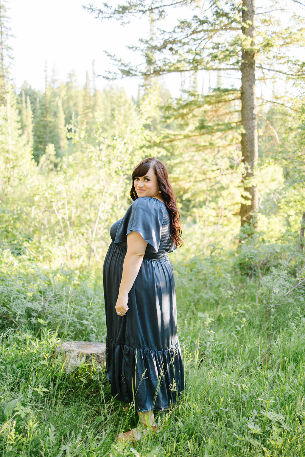 Roanoke Satin Smocked Midi Dress in Blue