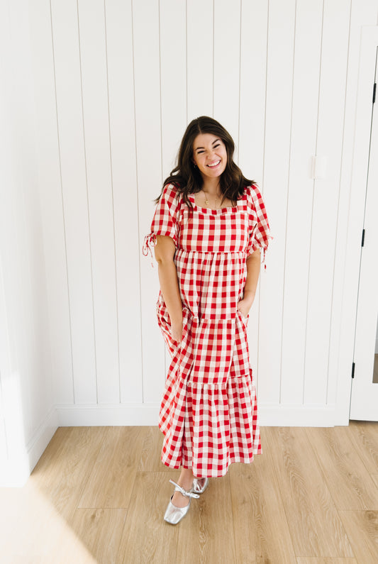 Julianne Checkered Dress in Red - Lettie Boutique