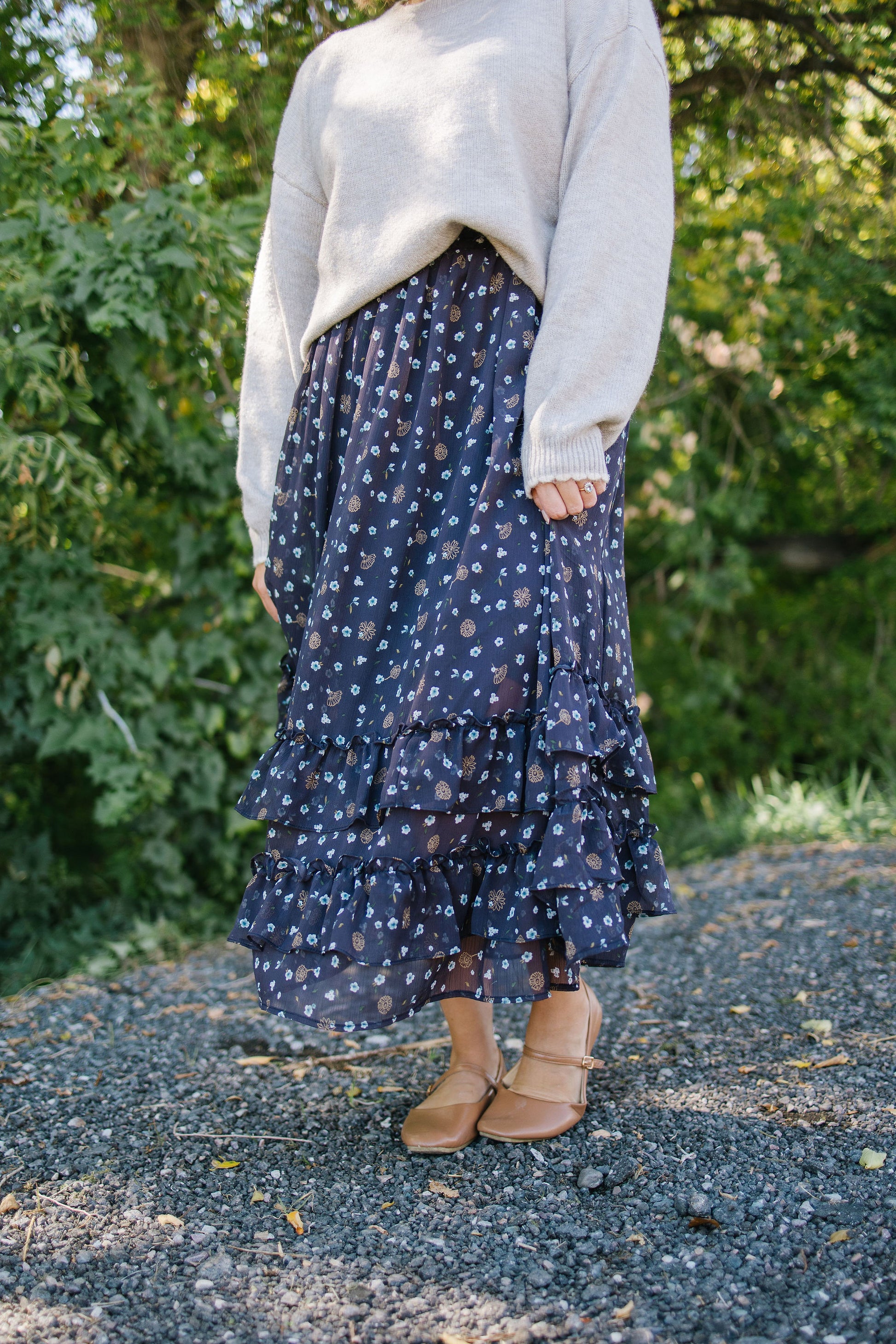 +Rina Floral Tiered Skirt in Navy - Lettie Boutique