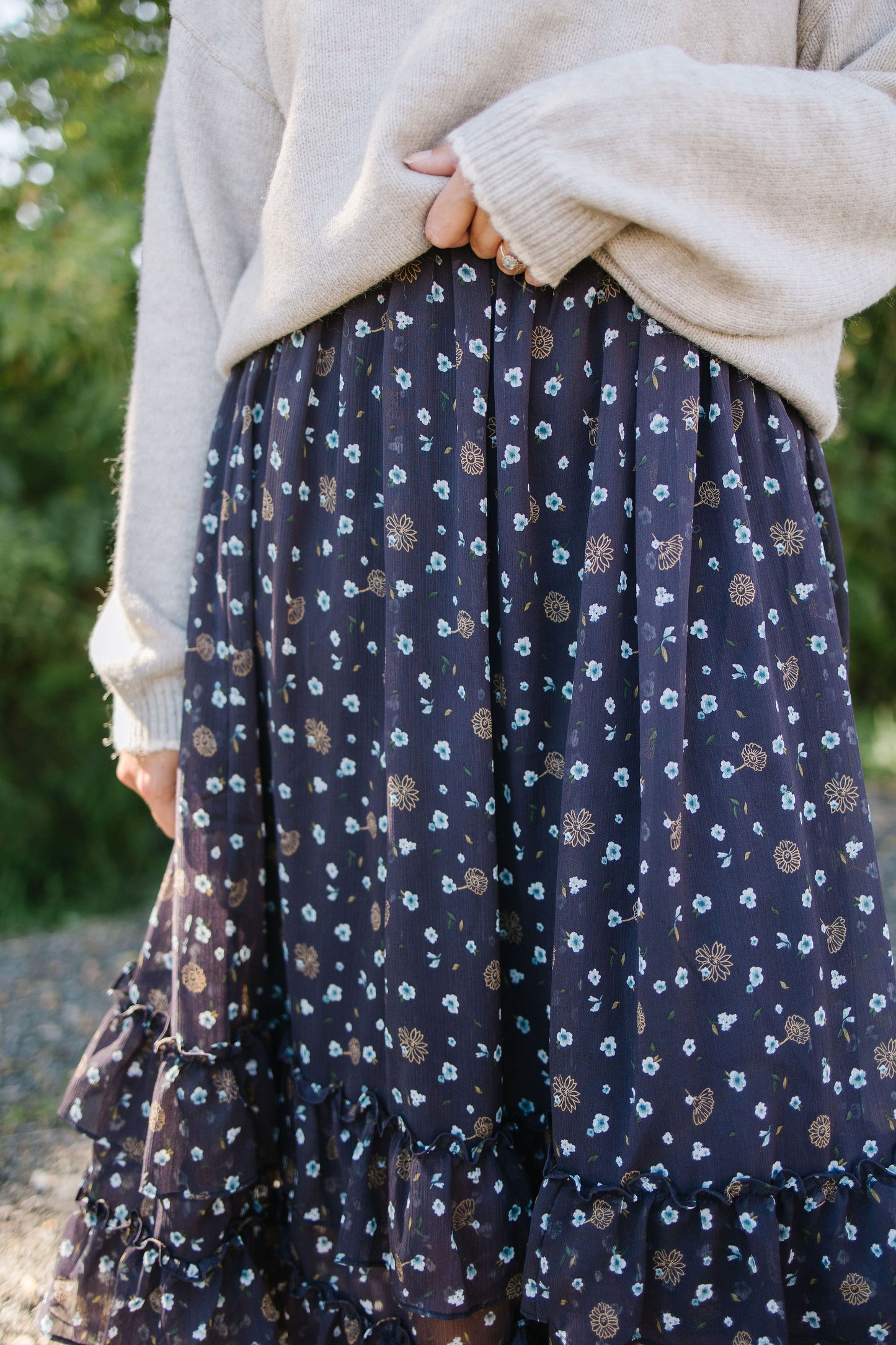 +Rina Floral Tiered Skirt in Navy - Lettie Boutique