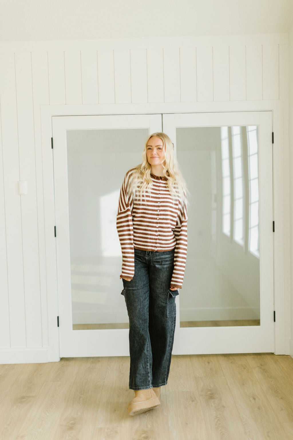 James Button Cardigan in Brown Stripe