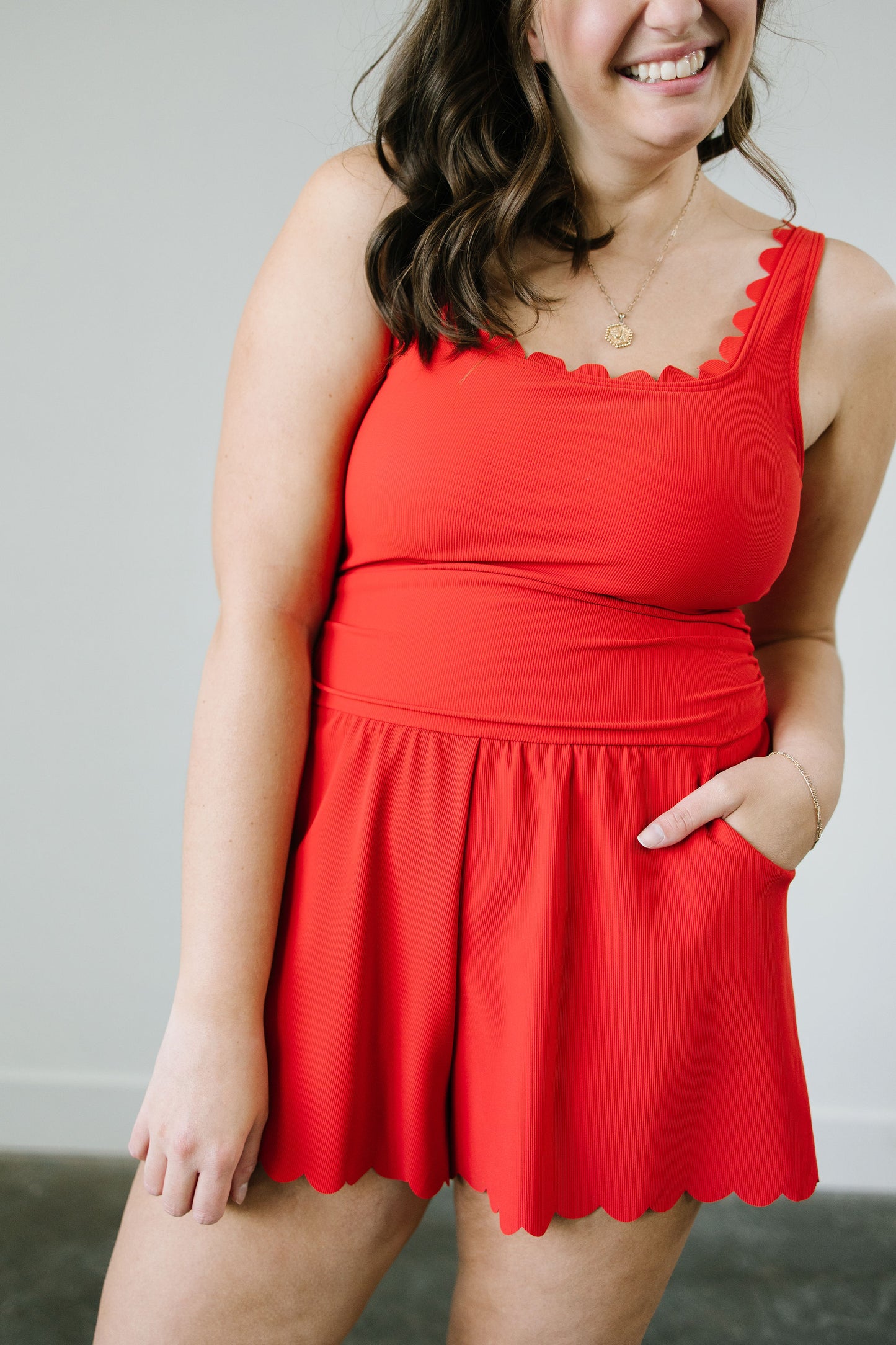 Misty Scalloped Romper Swimsuit in Red - Lettie Boutique