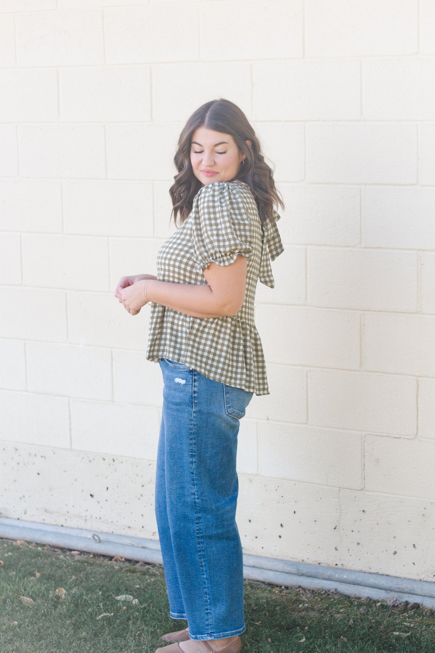 DOORBUSTER: Danae Gingham Peplum Top in Olive