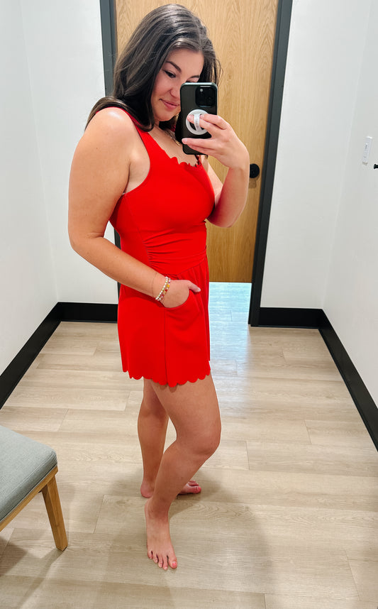 Misty Scalloped Romper Swimsuit in Red - Lettie Boutique