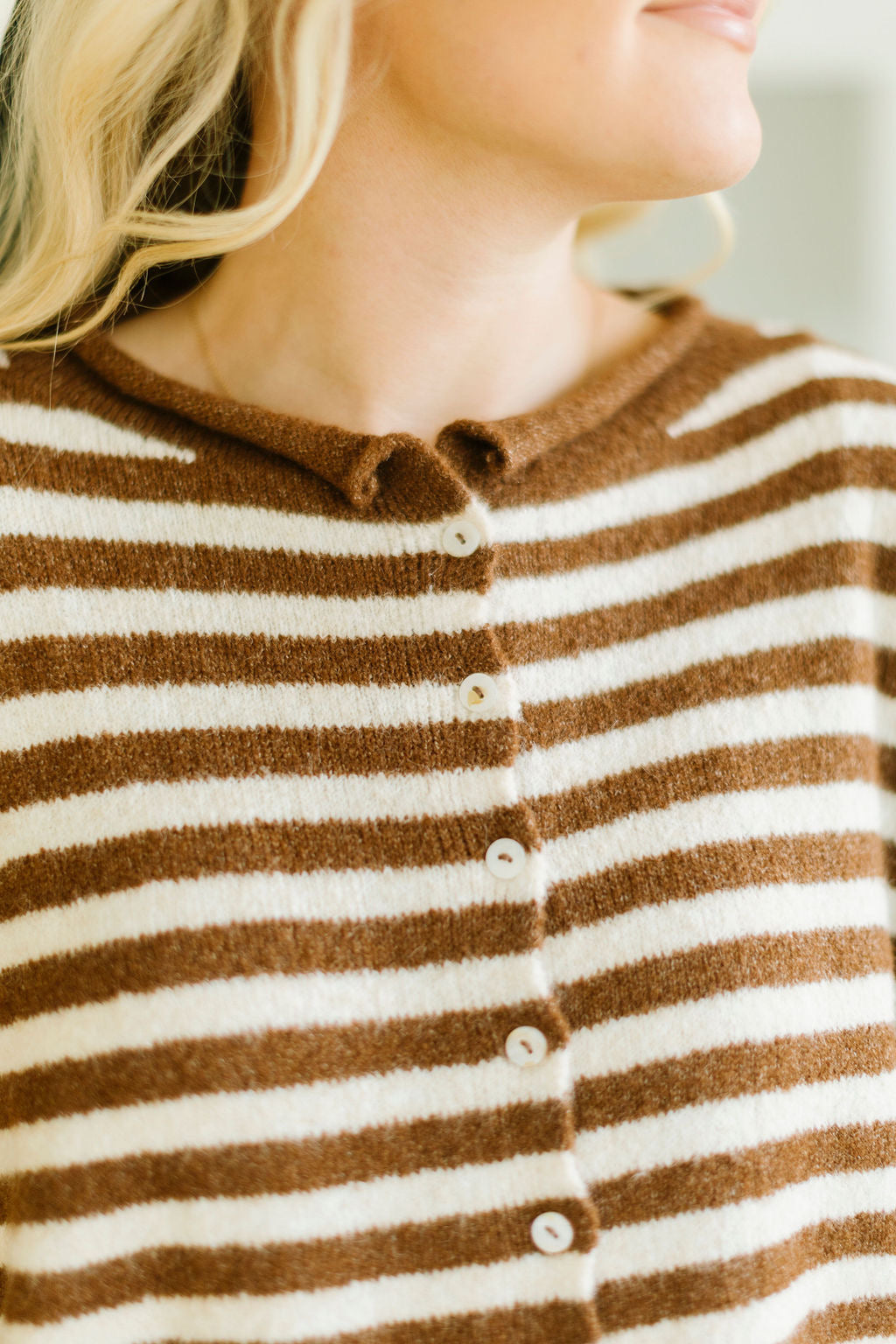 James Button Cardigan in Brown Stripe