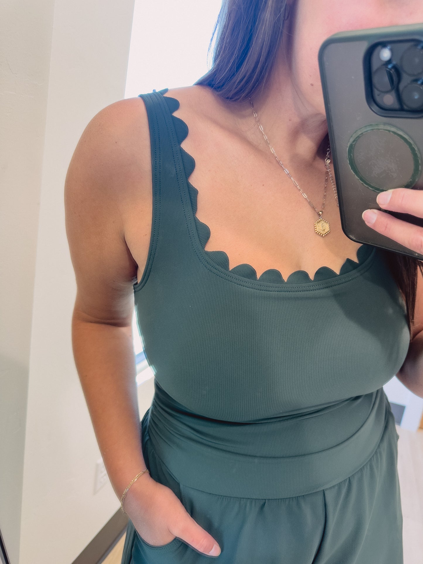 Misty Scalloped Romper Swimsuit in Green