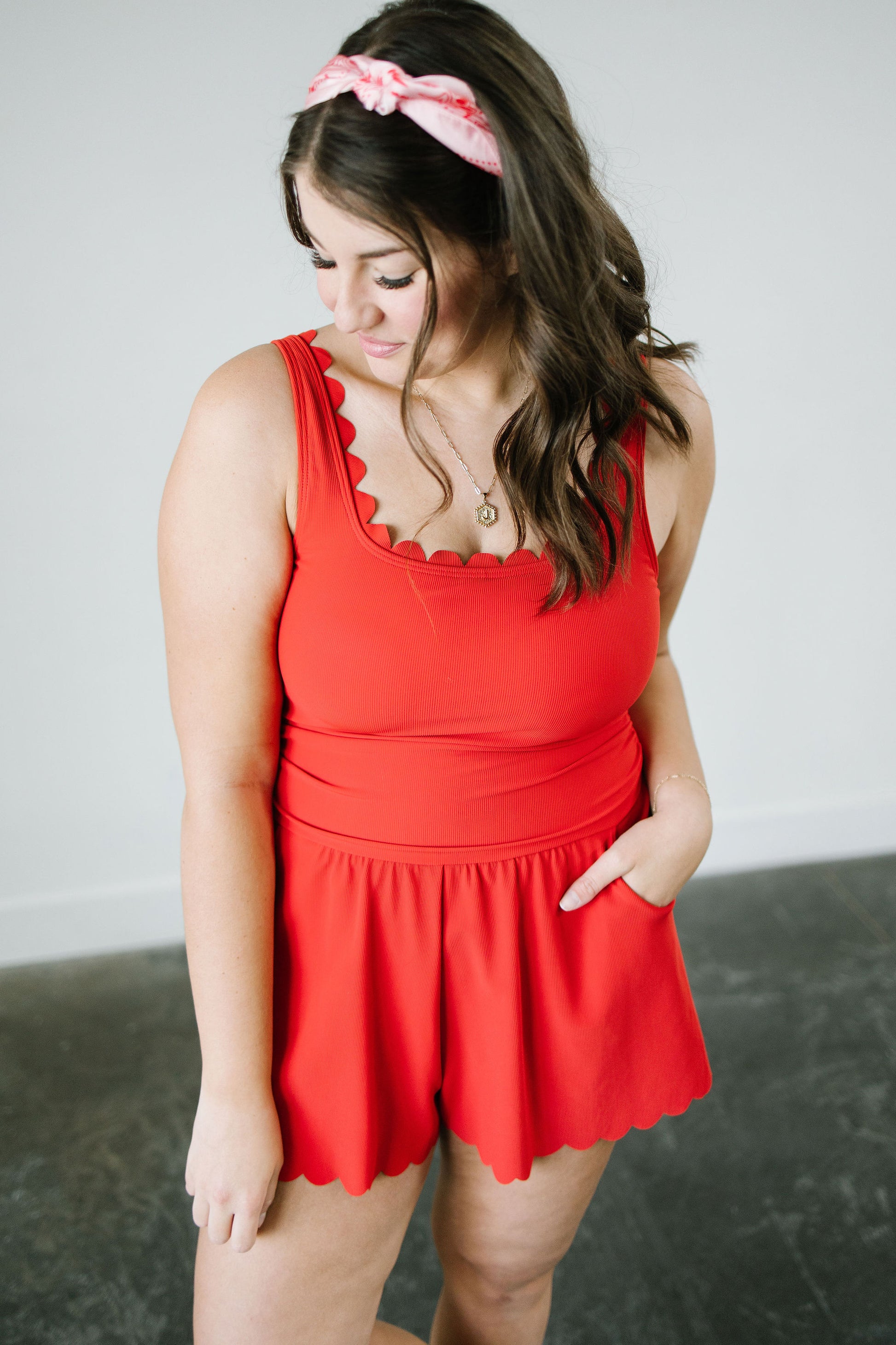 Misty Scalloped Romper Swimsuit in Red - Lettie Boutique