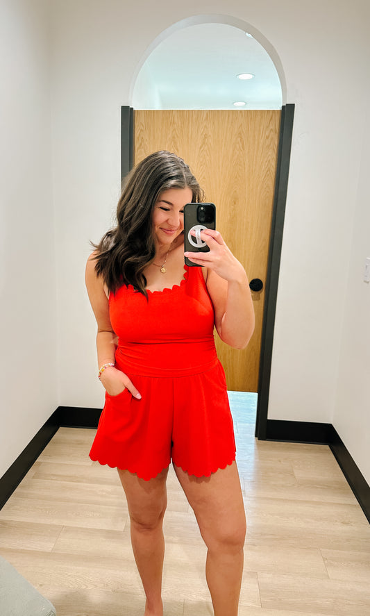 Misty Scalloped Romper Swimsuit in Red - Lettie Boutique