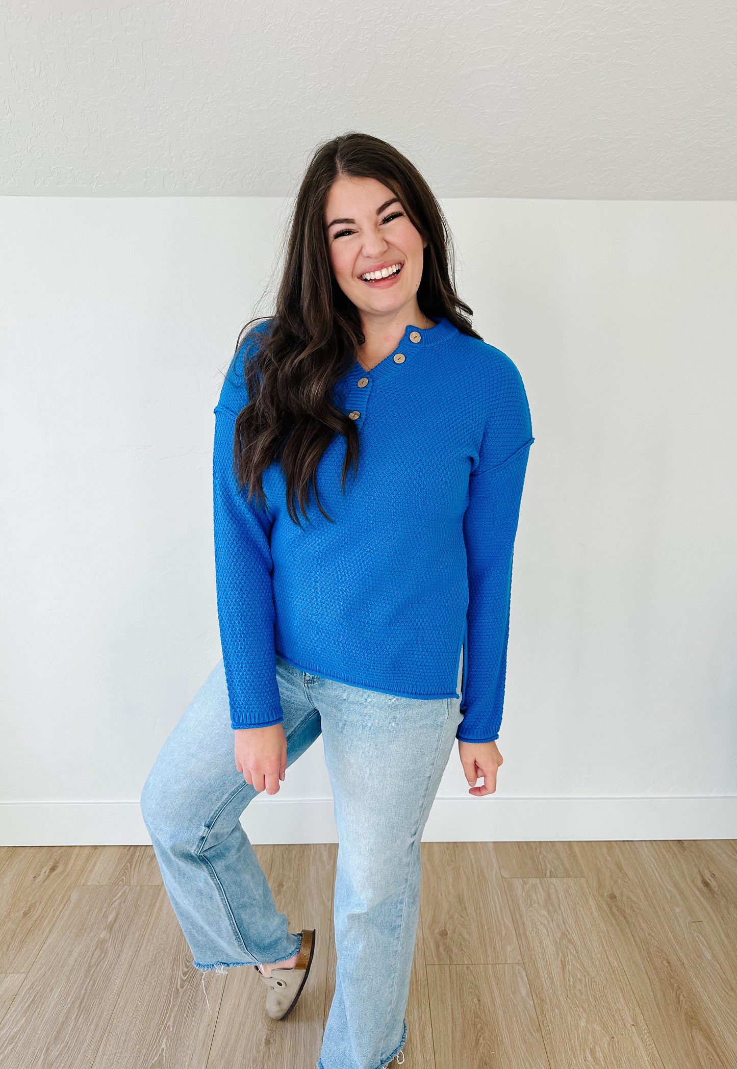 Farah Button Sweater in Ocean Blue