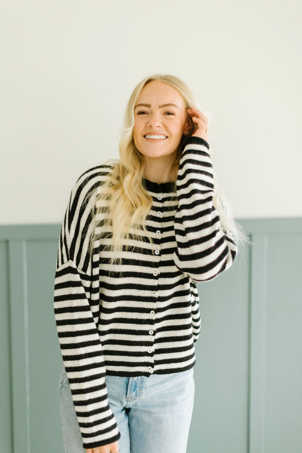 James Button Cardigan in Black Stripe