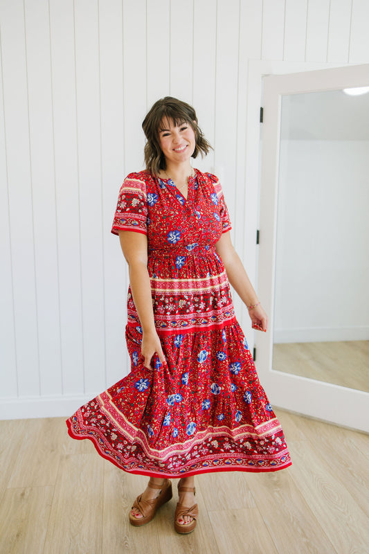 Kaydree Printed Maxi Dress in Red - Lettie Boutique