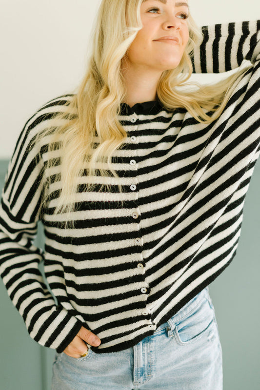 James Button Cardigan in Black Stripe