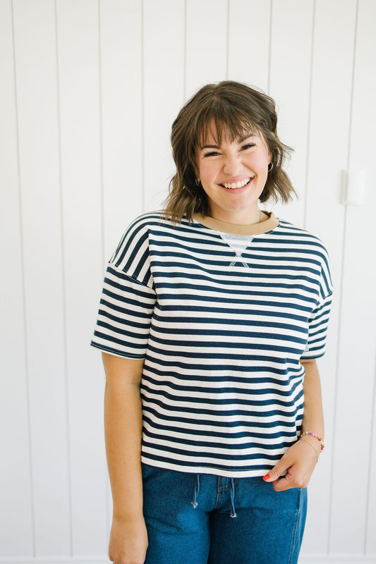 Kit Stripe Colorblock Tee in Navy - Lettie Boutique