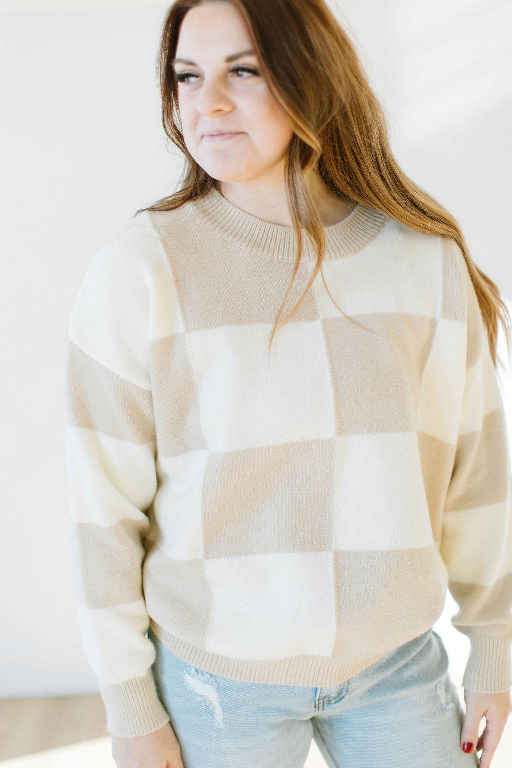 August Checkerboard Sweater in Latte