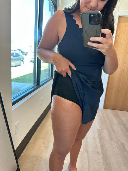Misty Scalloped Romper Swimsuit Navy