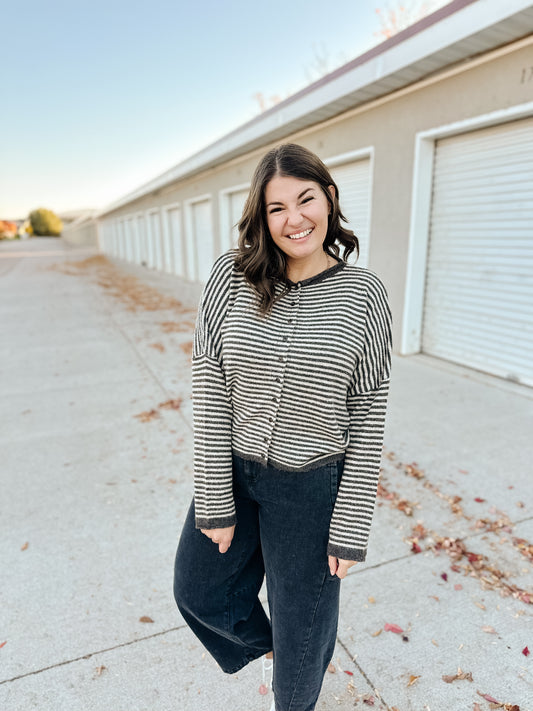 Melina Striped Cardigan in Charcoal Brown