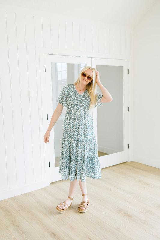 Zara Floral Tiered Dress in Blue
