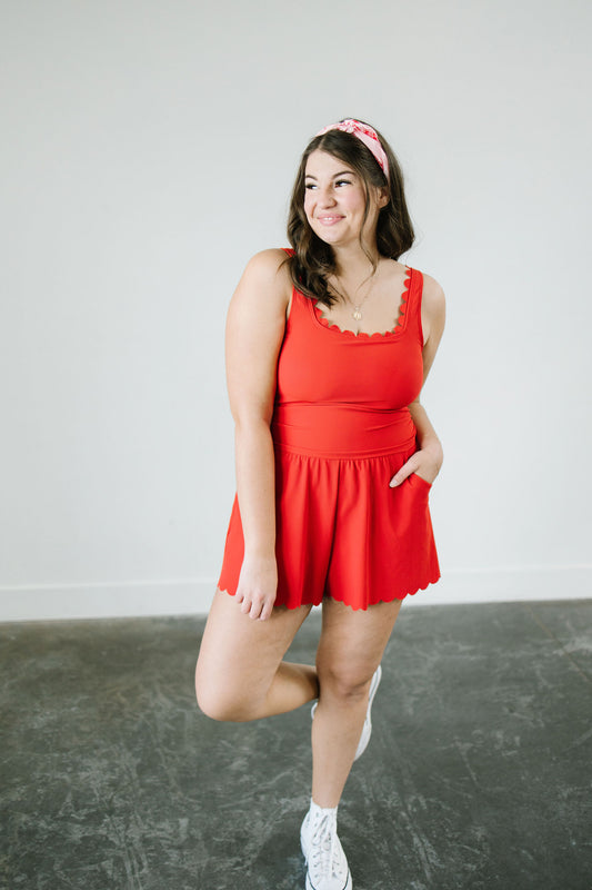 Misty Scalloped Romper Swimsuit in Red - Lettie Boutique