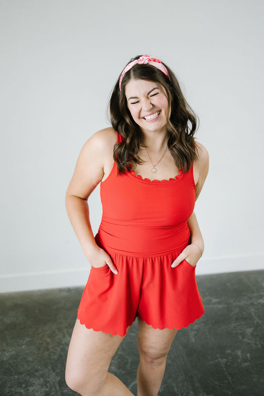 Misty Scalloped Romper Swimsuit in Red - Lettie Boutique