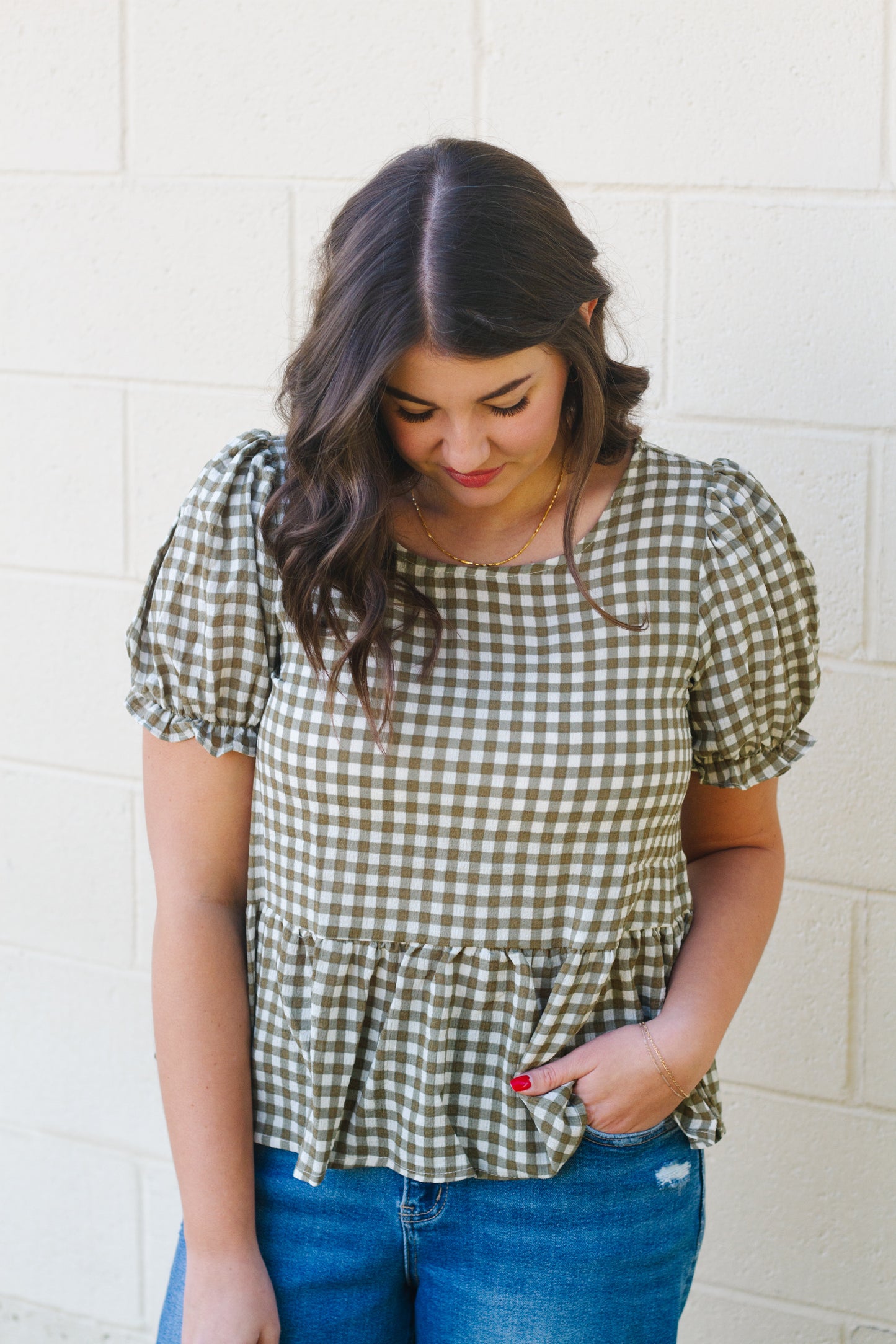 DOORBUSTER: Danae Gingham Peplum Top in Olive