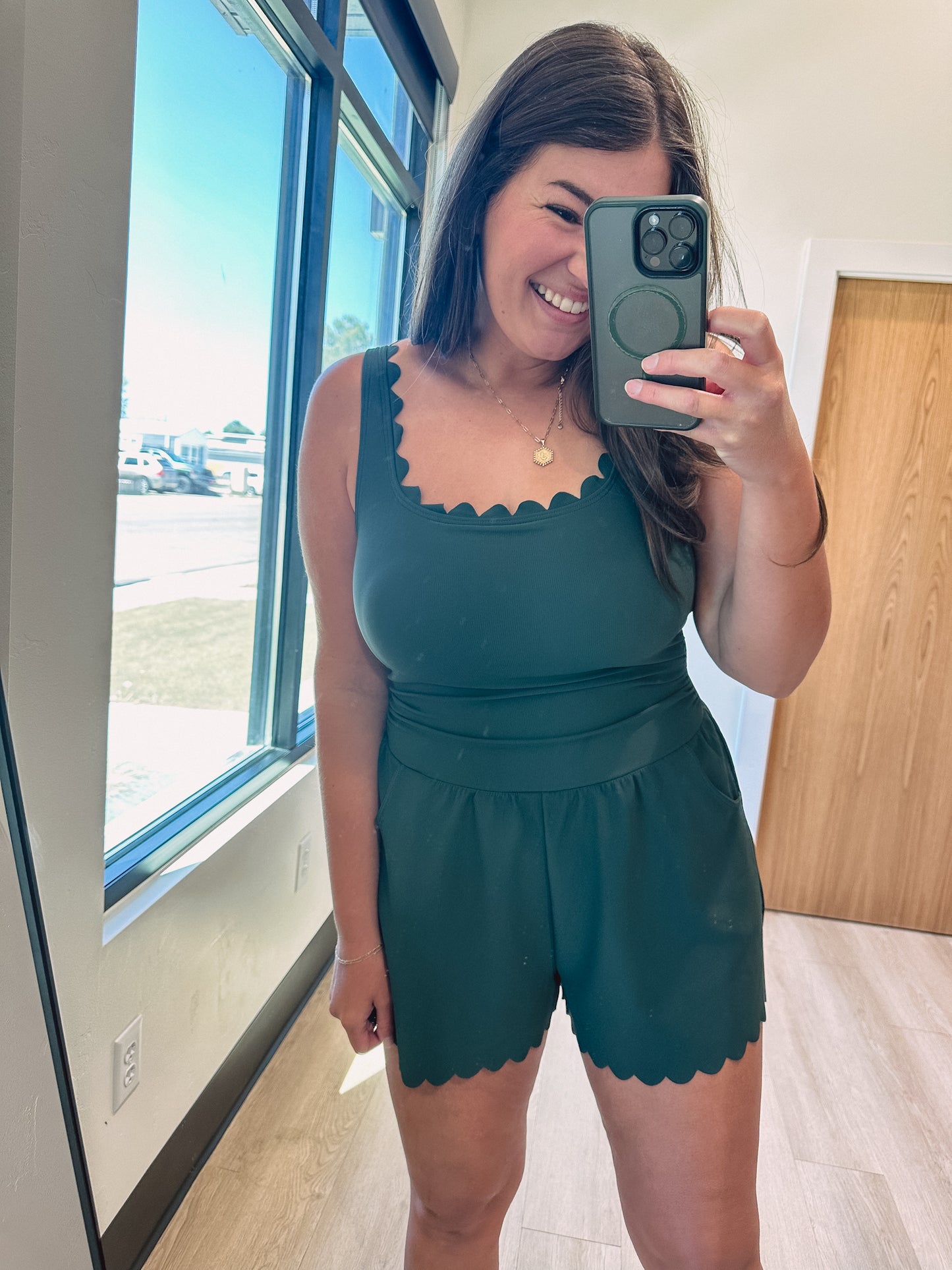 Misty Scalloped Romper Swimsuit in Green