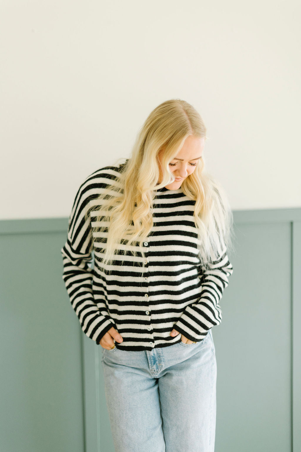 James Button Cardigan in Black Stripe