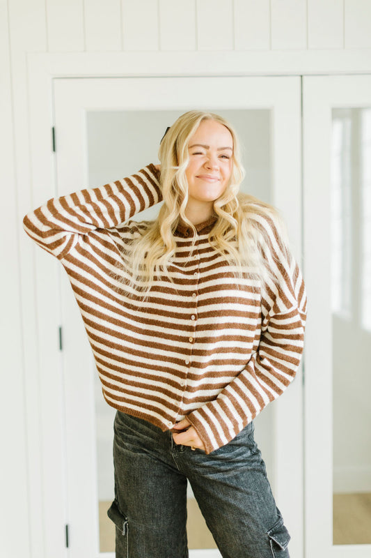 James Button Cardigan in Brown Stripe