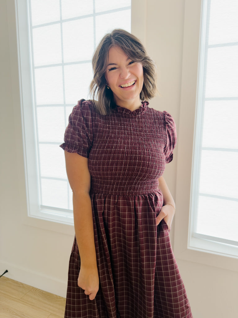 Autumn Plaid Dress in Burgundy