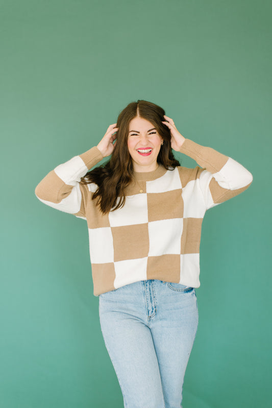 August Checkerboard Sweater in Mocha